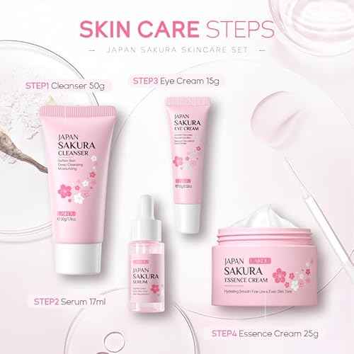 Skin Care Set JAPAN SAKURA Beauty Gift Sets Skin Care Kit with Cleanser, Serum, Eye Cream, Face Cream Travel Kit for Women Mom Wife Teen Girls Gentle Skin Cleaning TSA-friendly Sizes 4pcs