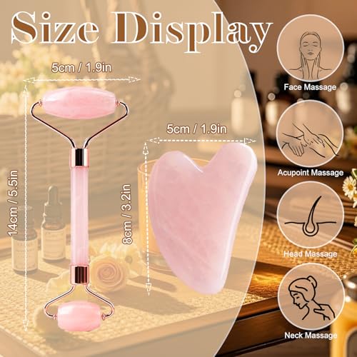 Gua Sha Facial Massage Tool and Roller Set, Facial Massager for Face, Neck, Arms, Eyes, Reduce Puffiness, Improve Wrinkles, Daily Self-Care Gift for Men and Women Emerald Green Pink White