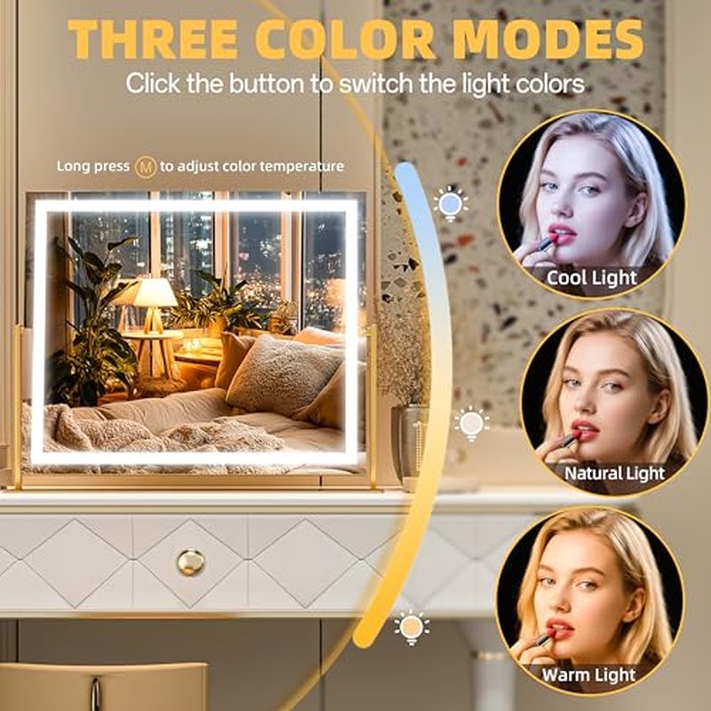 Vanity Mirror with Lights, 26'' x 22'' Lighted Makeup Mirror, Touch Screen with 3-Color Lighting, Dimmable for Vanity Desk Tabletop Square Gold