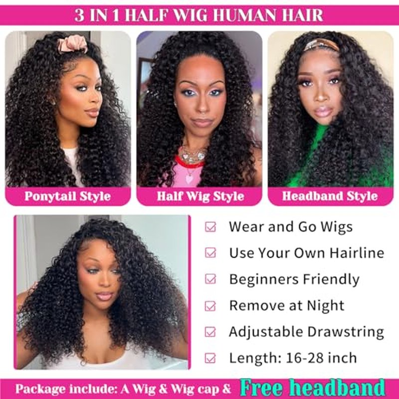 Curly Half Wig Human Hair 200% Density 3 In 1 Seamless Flip Over Half Wigs Human Hair Glueless Wear and Go Beginner Friendly Water Wave Half Wig Human Hair Drawstring Headband Wig for Women 22 Inch