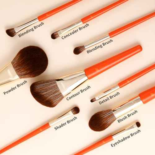 DUcare Makeup Brushes 9Pcs Vegan Makeup Brush Set with Travel Pouch - Face & Eye Brush Kit for Powder Contour Blush Concealer Eyeshadow Blending & Detailing, Synthetic Bristles,Orange