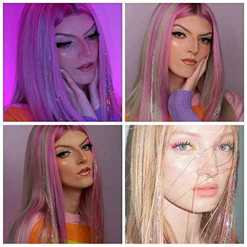 AMchoice Hair Tinsel Kit with Tools 12 Colors 3000 Strands Fairy Hair Tinsel Heat Resistant Sparkling Shiny Tinsel Hair Extensions 48 Inch Colorful Hair Tinsel strands Kit