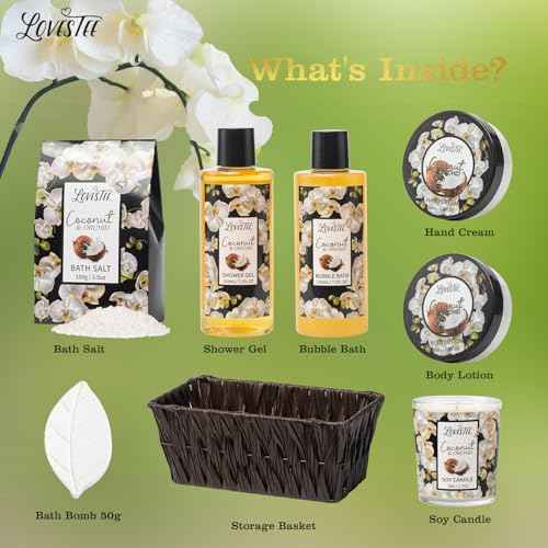 Mothers Day Gifts, Spa Baskets For Women, Bath And Body, Coconut & Orchid Bath & Body Set, Includes Shower Gel, Hand Cream, Body Lotion, Candle And More, Gifts For Women, Gift For Mom