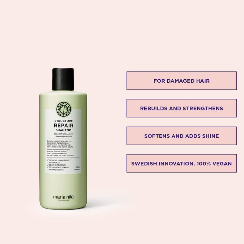 Maria Nila Structure Repair, Strengthening & Nourishing Shampoo For Damaged & Chemically Treated Hair, Algae Extract Rebuilds, Revitalizes & Repairs Hair, 100% Vegan & Sulfate/Paraben free, 11.8 Fl Oz