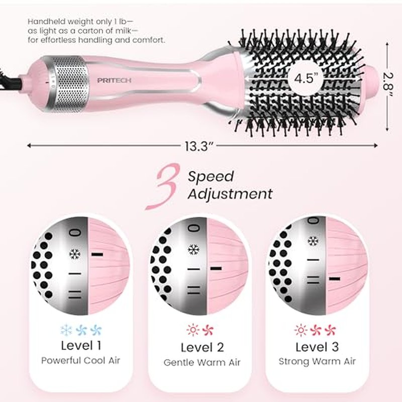 PRITECH 1000W Dual Voltage Ceramic Ionic Hair Dryer Brush,4-in-1 Hot Air Styler & One Step Volumizer for Straight & Curly Hair Salon (110-120V/220-240V),Blush Silver