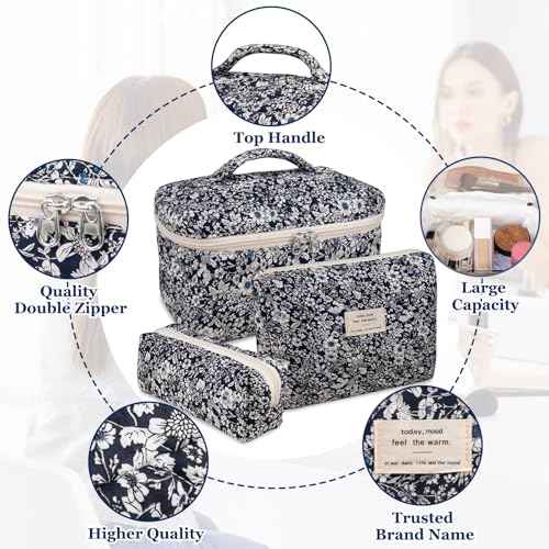 Makeup Bag Set, Quilted Makeup Bag, Large Floral Cosmetic Bag for Women, Cute Cotton Makeup Bags, Flower Travel Toiletry Organizer Bag (Black Rose Flower)