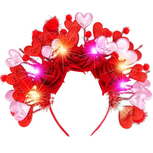 CLOACE Valentine's Day Heart Headband Light Up Red Hearts Hair Band LED Flower Party Featival Hair Accessoires for Women and Girls (Red)