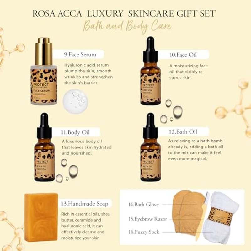 Leopard 32 Pcs Facial Skin Care Set, Spa & Self-Care Gifts, Bath and Body Gifts for Women, Lip Oil, Face Sheet Mask, Bath Oil, Hyaluronic Acid, Birthday, Christmas, Valentines