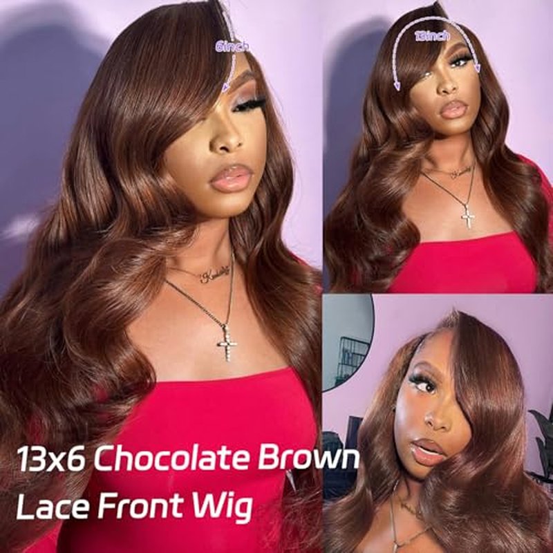 250 Density Body Wave Chocolate Brown Wig, 13x6 Lace Front Wigs Human Hair Pre Plucked, 100% Real Human Hair 4# Brown Wig for Women 18 Inch