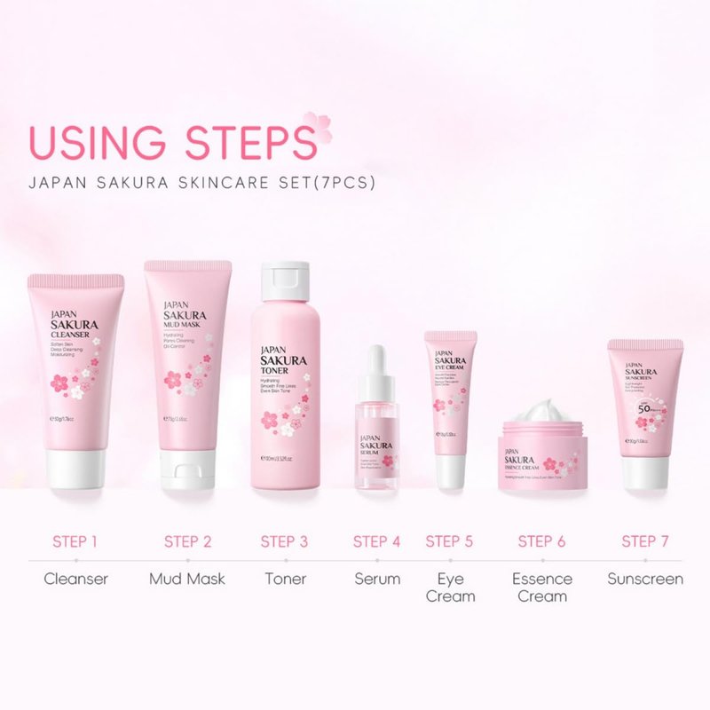 Sakura Skin Care Set - Complete 7-Piece Skincare Gift Set for Girls 10-12 | Travel Size with Mud Mask
