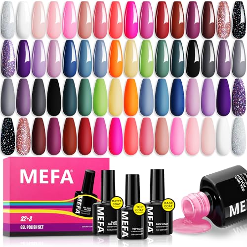 MEFA 35 Pcs Gel Nail Polish Set, 32 Colors All Seasons Collection Gel Nail Polish Kit with Base Coat No Wipe Glossy/Matte Top Coat Blue Red Pink Nail Art Manicure DIY Salon Home Gifts for Women Girls