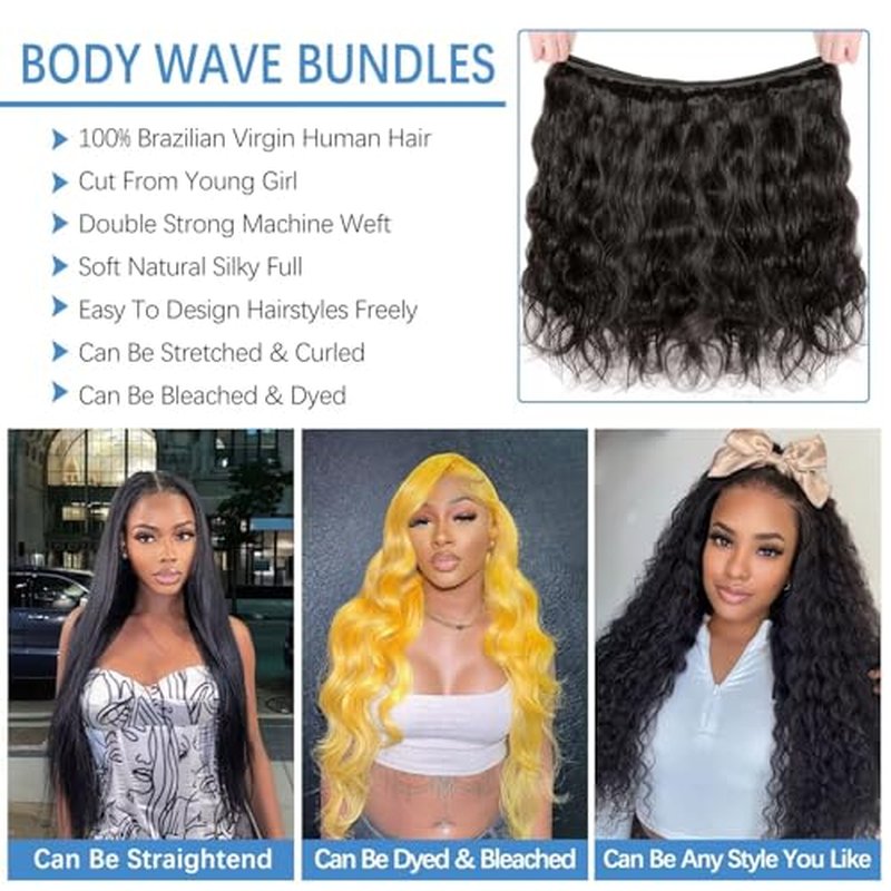 12A Human Hair Bundles 22 24 26 Inch Body Wave Bundles Human Hair 100% Unprocessed Brazilian Virgin Weave 3 Bundle for Women Natural Black Real Body Wavy Human Hair Extensions