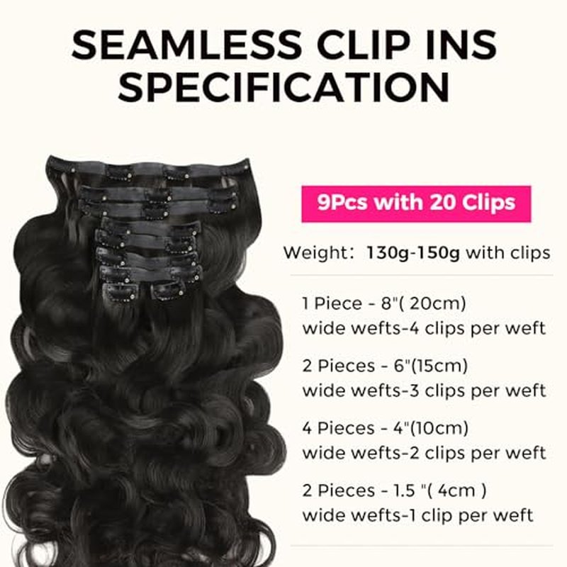 Lashey Seamless Clip in Hair Extensions Human Hair Body Wave 130g 9pcs Natural Black 18 Inch Clip in Hair Extensions Human Hair PU Clip ins with Invise Edge for Women