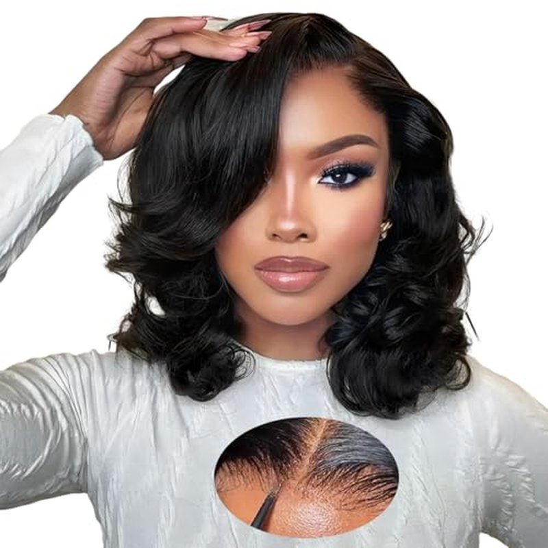 5x8 Glueless Wigs Human Hair Pre Plucked Pre Cut Bob Wig Human Hair 200% Density Body Wave Lace Front Wigs Human Hair HD Closure Wigs Short Bob Wigs for Black Women Wear and Go Glueless Wig 14 Inch