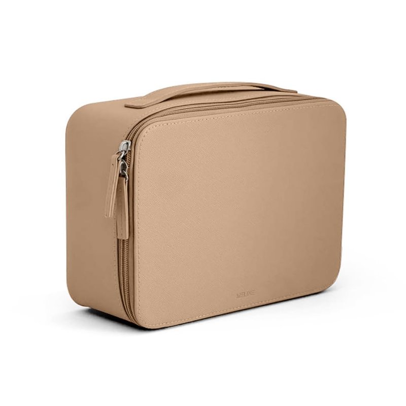 MELINE Leather Makeup Bag with Brush Holder,Travel Cosmetic Case for Women,Large Capacity Waterproof Toiletry Bag with Handle,Stylish and Durable Makeup Organizer (Khaki Brown)