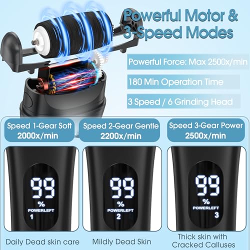 Electric Foot File Callus Remover for Feet - 6pcs Larger Grinding Head&3Speed, Pedicure Kit Foot Scrubber Deadskin Callus Remover, Foot Care Kit Pedicure Tools for Dead Skin Callus Hardskin Dry Cracks