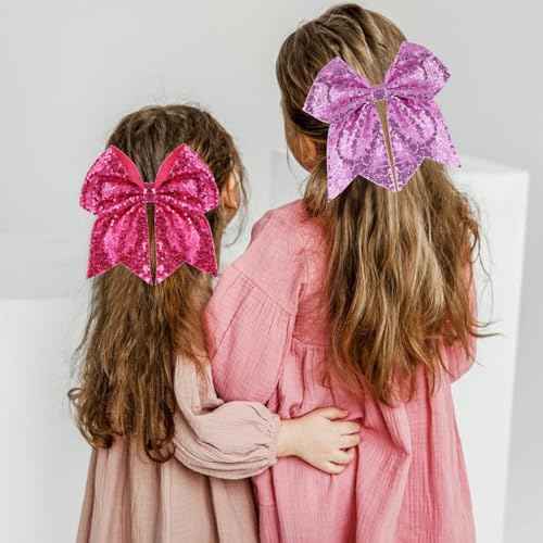 Large Big 7 Inch Glitter Bow Clip Sequin Bling Party Hair Accessories for Women Teens Girls Kids 2 Pcs (HotPink, LightPurple)