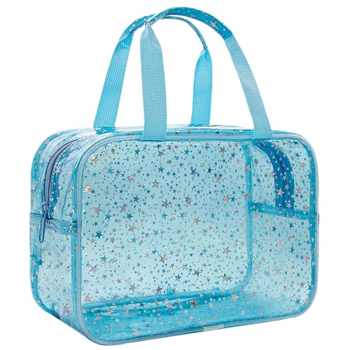 Clear Blue Star Large Makeup Bag with Star Pattern 12x5x8 inch, Travel Cosmetic Bag with Handle, Durable PVC Material Washbag Zipper Opening Design for Makeup Travel Organizer or Gym Use