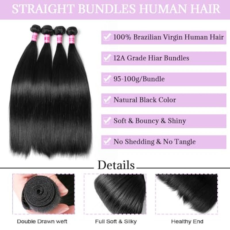 Beautymoon Jet Black 4 Bundles Human Hair Straight Brazilian 14 16 18 20 Inch 100% Unprocessed Virgin Straight Hair 4 Bundles Human Hair Deals Hair Extensions