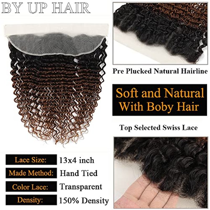 Unprocessed Brazilian Virgin Human Hair #1b/30 Lace Frontal Pre Plucked with Baby Hair (16inch) - Deep Wave Ombre, Ear to Ear Transparent Lace Frontal Closure, 13x4