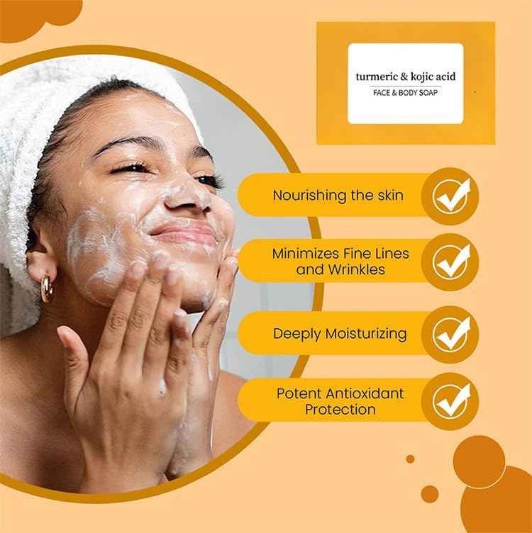 Turmeric Kojic Acid Soap Bar for Dark Spots Reduce, Deeply Cleaning Face & Body with Hyaluronic Acid, Collagen - Nourishing & Deep Hydration, Vitamin E for Glowing Skin (3)