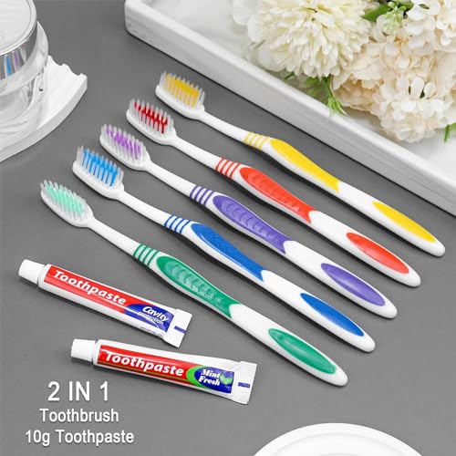 100 Pack Disposable Toothbrushes with Toothpaste Individually Wrapped, 10g Travel Toothpaste Single Use Manual Toothbrush Kit for Adults Guests Travel Hotel Nursing (100 pcs,5 Colors)