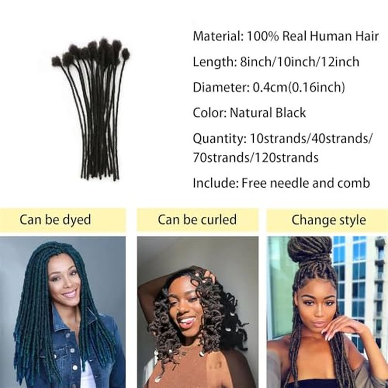 Dreadlock Extensions Human Hair Loc Extensions Dreads Extensions for Men Women 0.4 cm 10 Inch 60 Strands Handmade Permanent Locs Extension Natural Black Soft Locs Hair Extensions Can be Dyed Bleached
