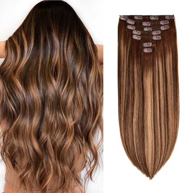 Clip in Hair Extensions Real Human Hair 120g 7pcs Human Hair Clip in Extensions 20 Inch Chocolate Brown Mixed Caramel Blonde #4/27/4 Thickened Straight Real Hair Extensions Clip in Human Hair