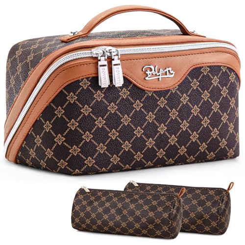 BOYATU Travel Makeup Bag Cosmetic Bags for Women: 3 Pcs Set Large Portable Make up Bag with Handle - Vegan Leather Toiletry Bags with Compartments - Makeup Organizer for Travel Essentials(A-1-Coffee)