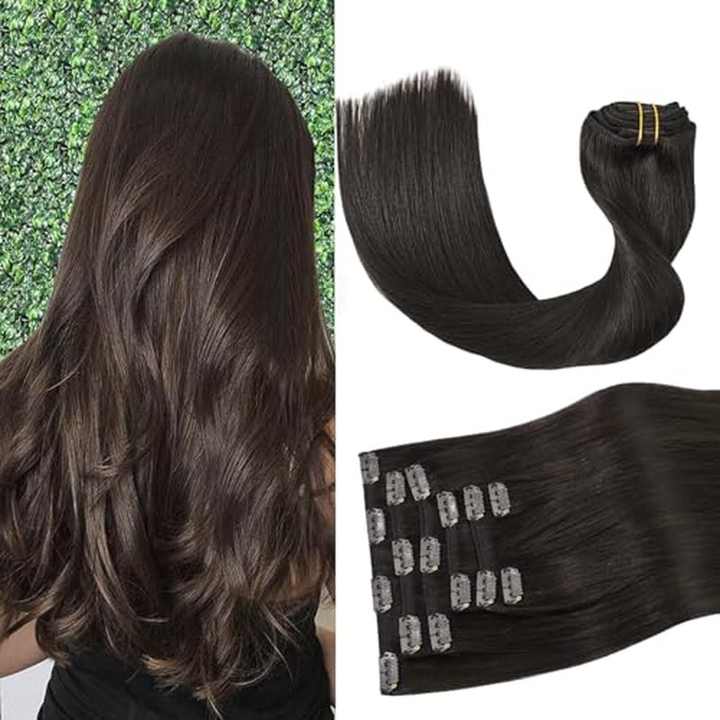 Aison Dark Brown Clip in Hair Extensions Real Human Hair 115G 100% Soft Silky Straight 7pcs 16 clips (22 Inch #2)