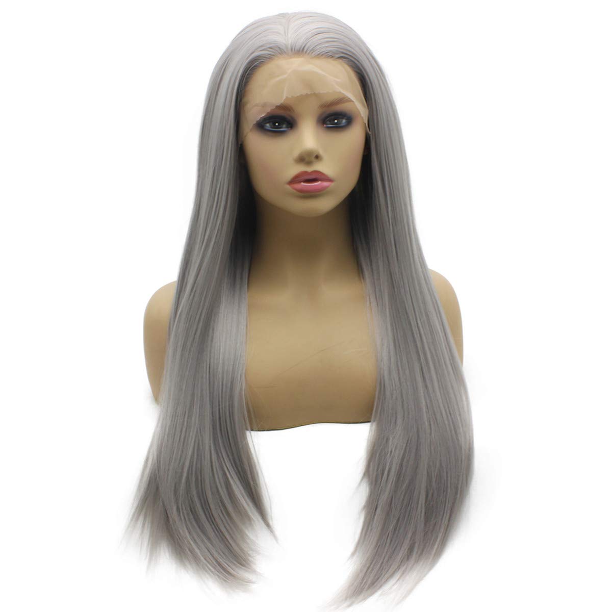 Iwona Gray Straight Wig Half Hand Tied Heat Resistant Fiber Hair Synthetic Lace Front Wig
