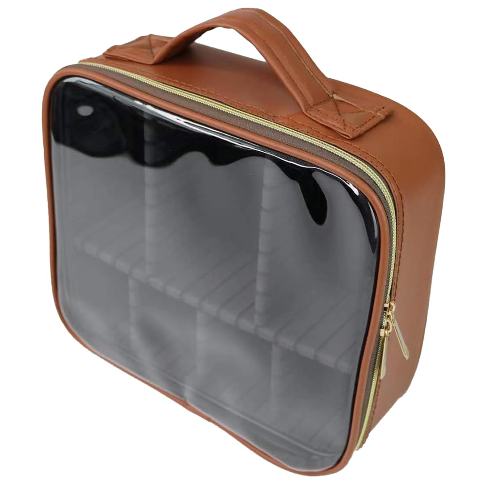 Kamumanni Clear Makeup Case - Cosmetic Case with Dividers, Large Capacity Makeup Bag, Pu Leather Organizer (Brown)