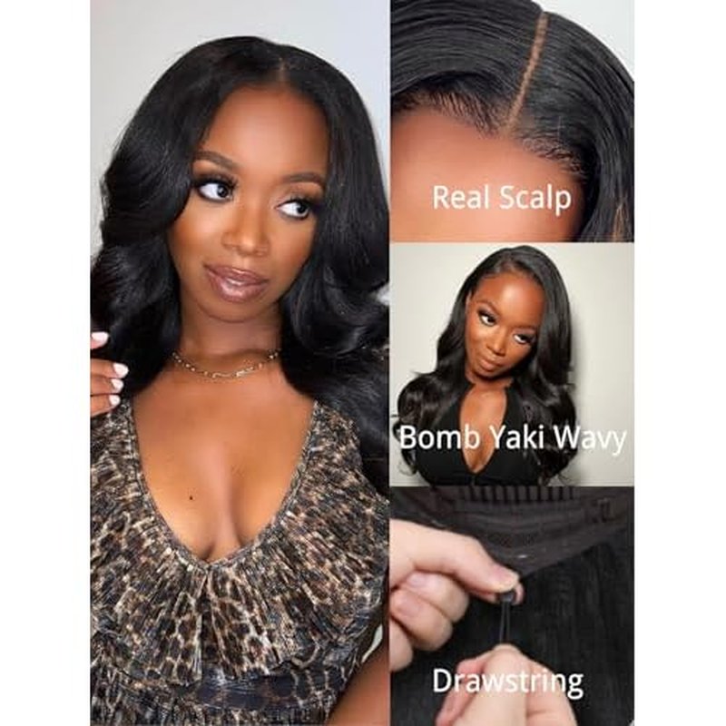 Nadula Yaki Wavy V Part Drawstring Wig Human hair with Blow Out Bangs, Glueless EasiContour Vpart Wigs No Leave Out Beginner Friendly Clip In V Shape Wigs Upgrade Wavy U Part Wig 150% Density 16inch