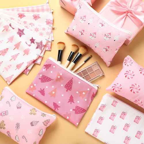 40 Pcs Pink Christmas Theme Makeup Bags Bulk Xmas Trees Snowman Snowflake Zipper Pouch Purse Christmas Cosmetic Gifts Xmas Party Favors for Women Employee Gifts Coworker Nurse Teachers