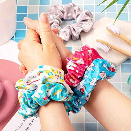 BBTO 6 Pcs Dental Assistant Gifts Teeth Hair Scrunchies Velvet Tooth Pattern Elastic Ponytail Holders Hair Tie Ropes Dentist Hygienist Accessories Cute Funny Christmas Gift for Nurse Women Girls