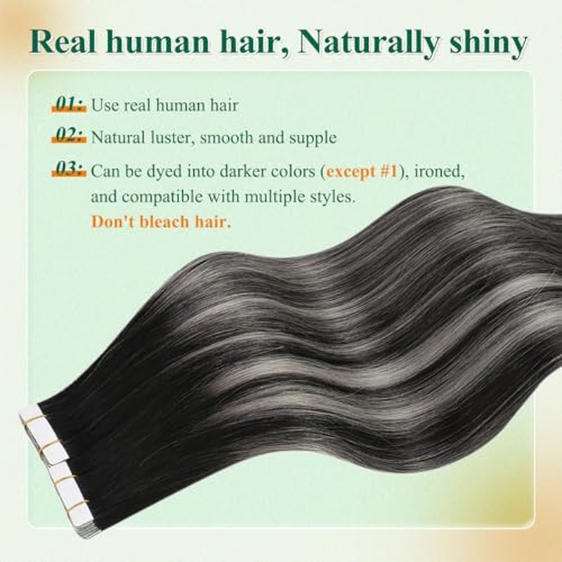 Easyouth 24 Inch Tape in Hair Extensions Human Hair Ombre Human Hair Tape in Extensions Off Black Fading to Silver Mixed Natural Black Hair Extension Tapes in 50g 20pcs