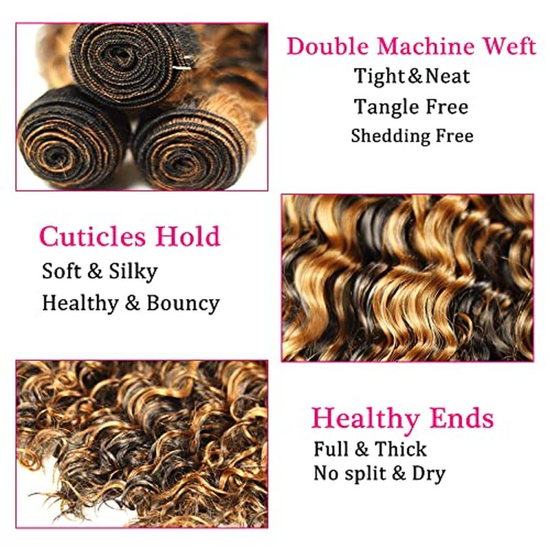 P1B/30 Human Hair Bundles Highlight Deep Wave Human Hair Bundles Brown Deep Wave Bundles Brazilian Unprocessed Virgin Hair 3 Bundles 26 28 30 Inch Two Tone Black Mixed With Brown Bundles