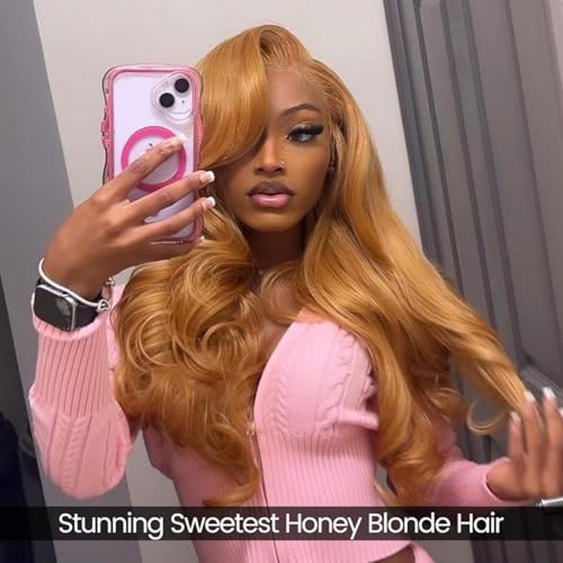 ALHER Honey Blonde Body Wave 3 Bundles Human Hair, 12A Color #27 Sun-kissed Vibe Golden Blonde Colored Human Hair Bundles Sew In Weave Wavy 100% Unprocessed Virgin Remy Hair 10 12 14 In