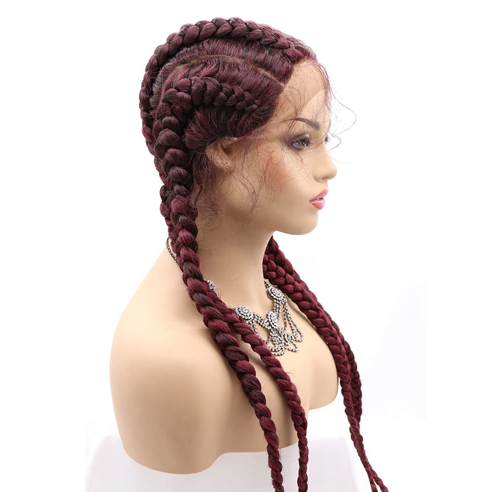 Natural-Looking Wine Red Lace Front Wig - 30 Inch Handmade Braided Wig for Women | Neatly Done Box Braids