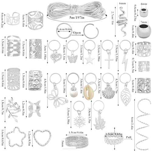 Fscwlmon 309Pcs Hair Jewelry for Women Braids,Hair Loc Cuff Coils Rings for Dreadlock Accessories,Locs Hair Tube Beads Decorations,Braid Clips Hair Charms Braids Accessories Silvery