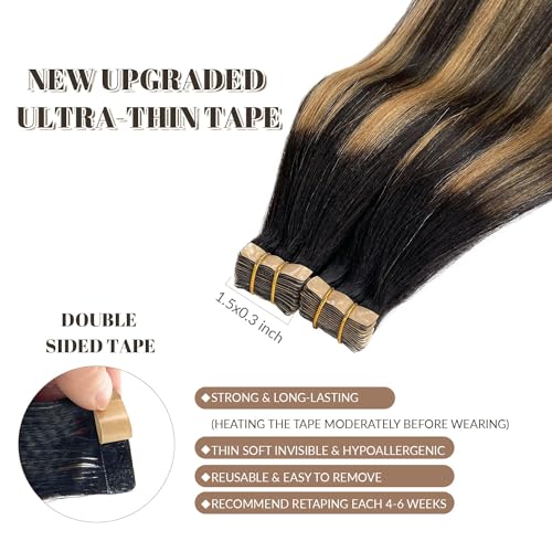 Tape in Hair Extensions Human Hair Yaki Straight Natural Black Hair Extensions Balayage Caramel Blonde Highlights Real Remyh Human Hair 22 Inch 50g/pack 20pcs Tape Hair Extensions for Black Women