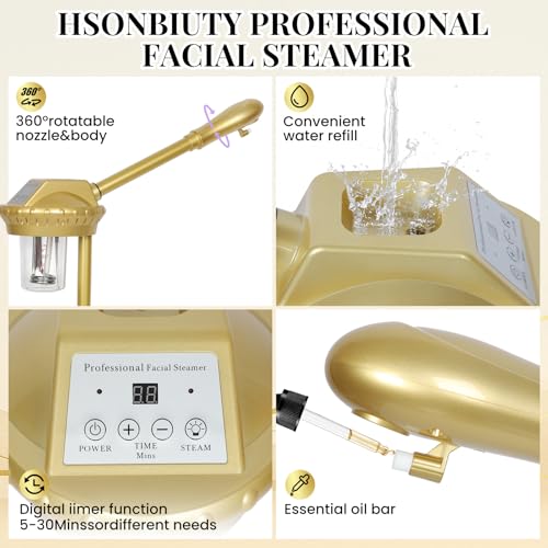 Facial Steamer Professional with More Steam for Deep Cleansing and Hydration, Estheticians Steamer on Wheels with Time Setting, Face Steamer Adjustable Height for Beauty, Spa and Home Use£¨Golden£©