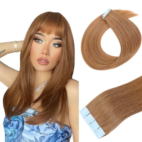 Tape in Human Hair Extensions Straight Seamless Hair Extensions Real Human Hair Tape-in 20 Inch Color #30 Auburn Brown 50Gram Remy Seamless Skin Weft 20Pcs Double Sided Tape ins Add Length for Women