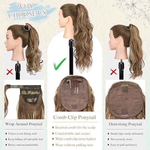 SOFEIYAN Drawstring Ponytail Extension 24 Inch Wavy Curly Clip on Hairpiece Comb Clip in Ponytail Extensions Layered Fluffy Thick Pony Tails Hair Extension Synthetic Hairpieces for Women-Blonde Mixed