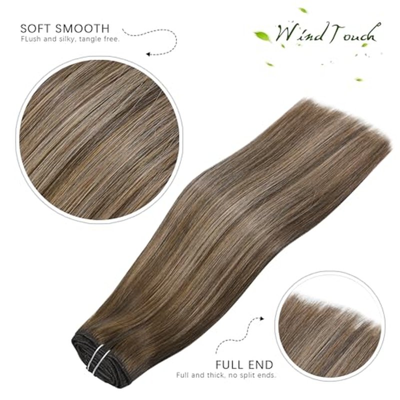 WindTouch Clip in Hair Extensions Ombre Medium Brown to Caramel Blonde Balayage Clip in Hair Extensions Real Human Hair 16Inch 7Pcs 120g