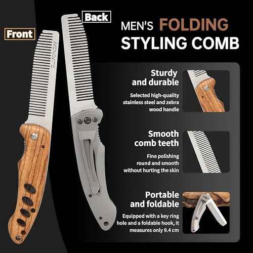 1PC Small Folding Pocket Beard & Mustache & Hair Styling Comb for Men - Metal Tactical Grooming Tool with Wooden Handle, with 180¡Æ Rotatable for Outdoor Travel & Home Use - Length 6.57inch