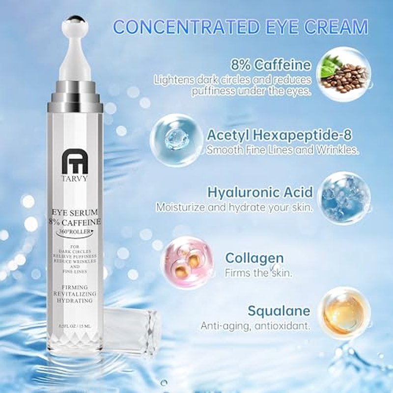 Eye Serum, Under Eye Cream For Dark Circles, 8% Caffeine Eye Serum For Women & Men, Eye Cream Anti Aging With 360¡Æ Massage Ball, Eye Cream For Puffiness And Bags Under Eyes, Eye Serum For Fine Lines