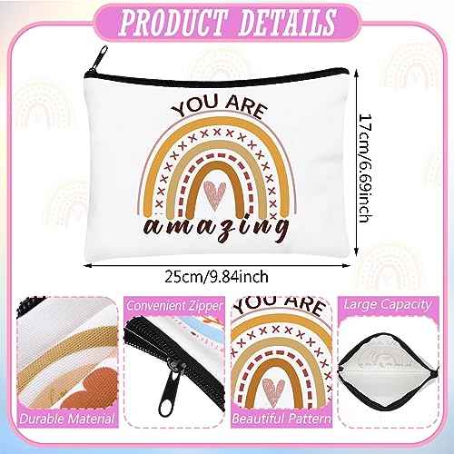 Hillban 64 Pcs Christmas Gift for Women Bulk 32 Rainbow Canvas Makeup Bag with 32 Inspirational Quote Keychains Zipper Cosmetic Bag Travel Toiletry Coin Pouch for Thanksgiving Xmas Birthday Holiday
