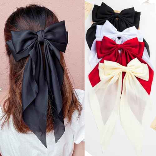 Hair Bows 4 PCS Ribbon Bow for Women, Ribbons, Oversized Long-tail Cute Aesthetic Accessories, Large Barrettes Girls£¨Wine red off white black white£©