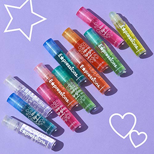 Expressions girl 12pc Roll On Lip Gloss Set with Carrying Case, Glossy Lip Make-up for Kids and Teens - Fruity Flavors, Non Toxic, Kid Friendly, Party Gift, Best Friends